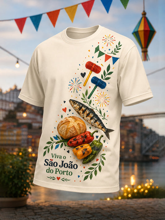 Camiseta masculina com estampa artística comemorativa do Dia de São João, em português