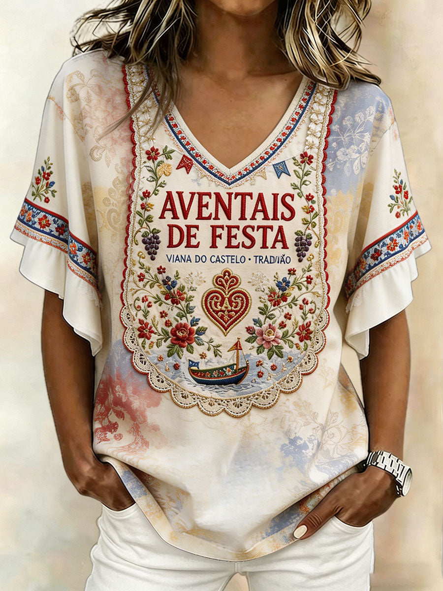 Camiseta de linho estampada com arte das Festas d’Agonia, Portugal, para mulheres