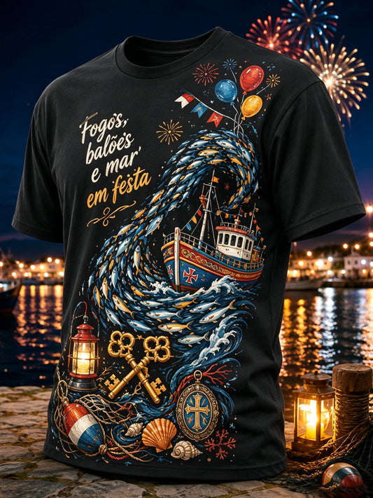 Camiseta com estampa artística comemorativa do Dia de São Pedro, em português, para homens