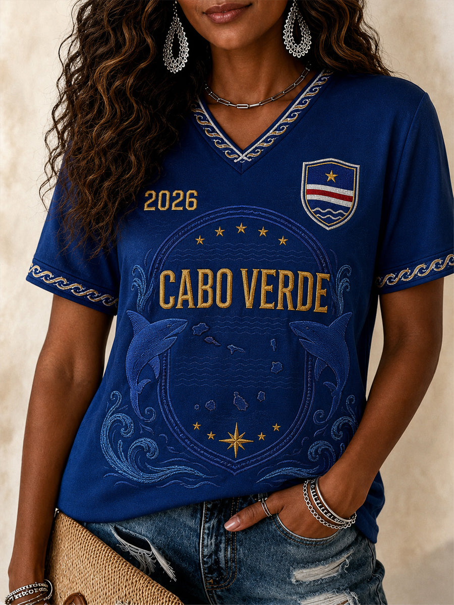 Camiseta Casual com Gola em V e Estampa para Mulheres, Presente Ideal para Fãs de Futebol