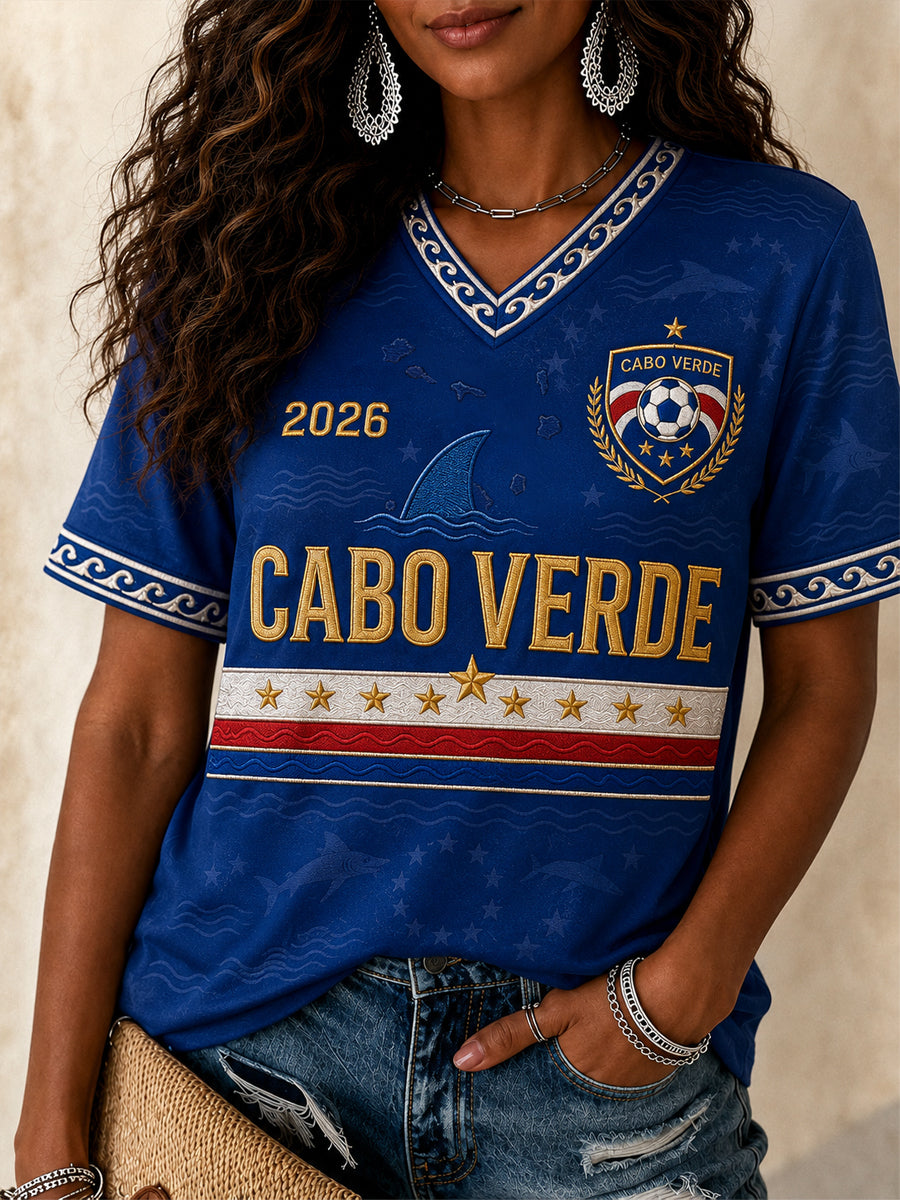Camiseta Casual com Gola em V e Estampa para Mulheres, Presente Ideal para Fãs de Futebol