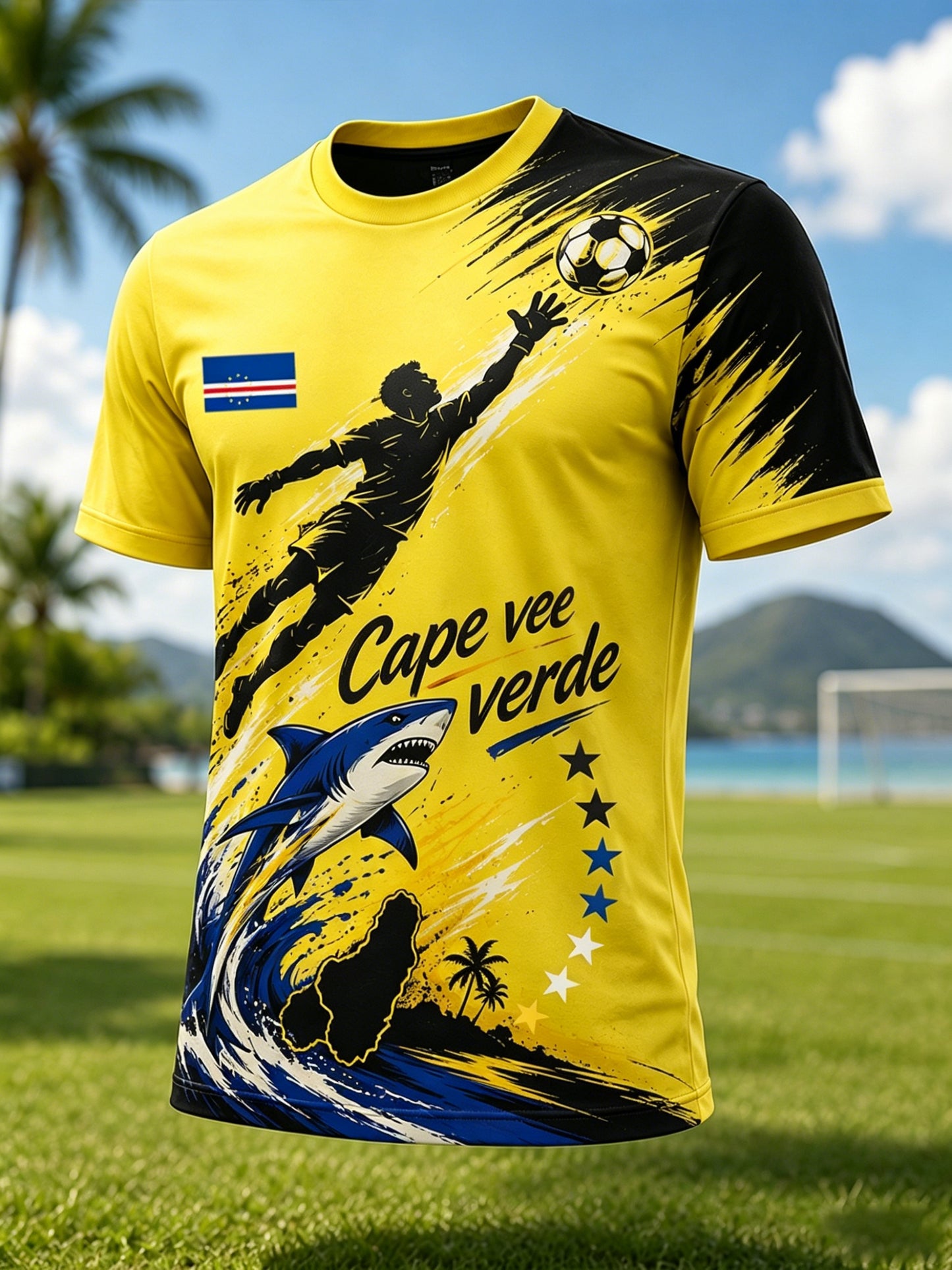 Camiseta com estampa artística de torcida em partida de futebol de Cabo Verde para homens