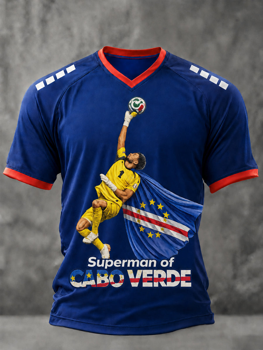 Camiseta casual com gola em V e estampa de Superman, presente para fãs de futebol masculina