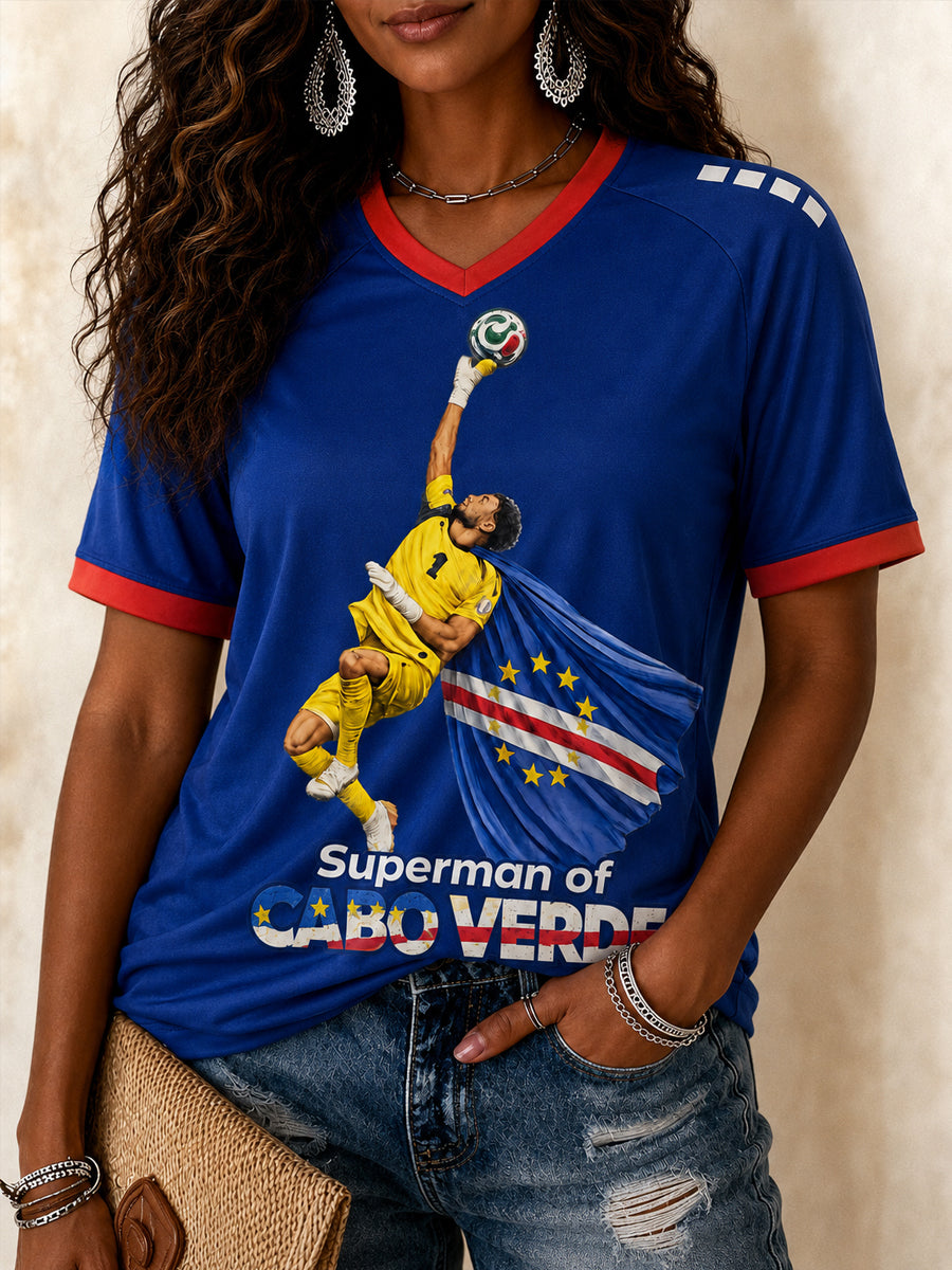 Camiseta Casual com Gola em V e Estampa para Mulheres, Presente Ideal para Fãs de Futebol