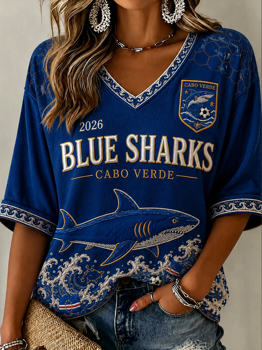 Cabo Verde Futebol Padrão Linho V-Neck Shirt do mulheres