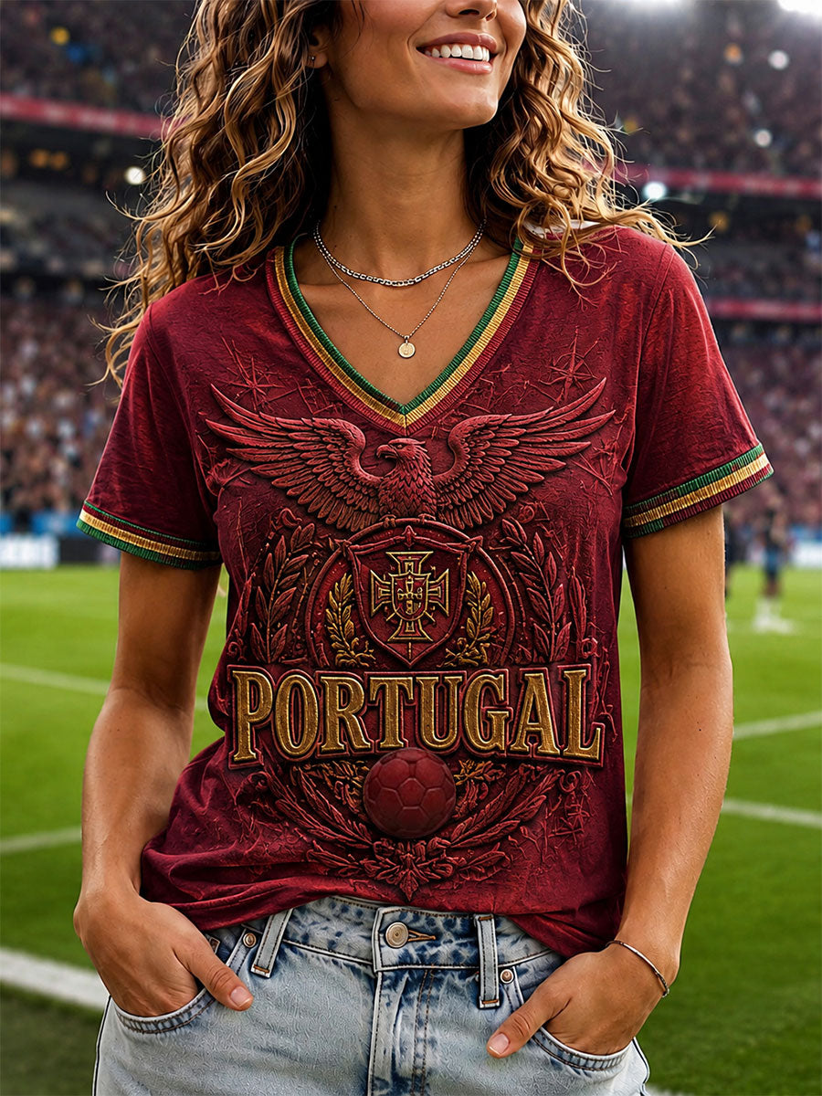 Camiseta feminina de futebol de Portugal com estampa e gola em V