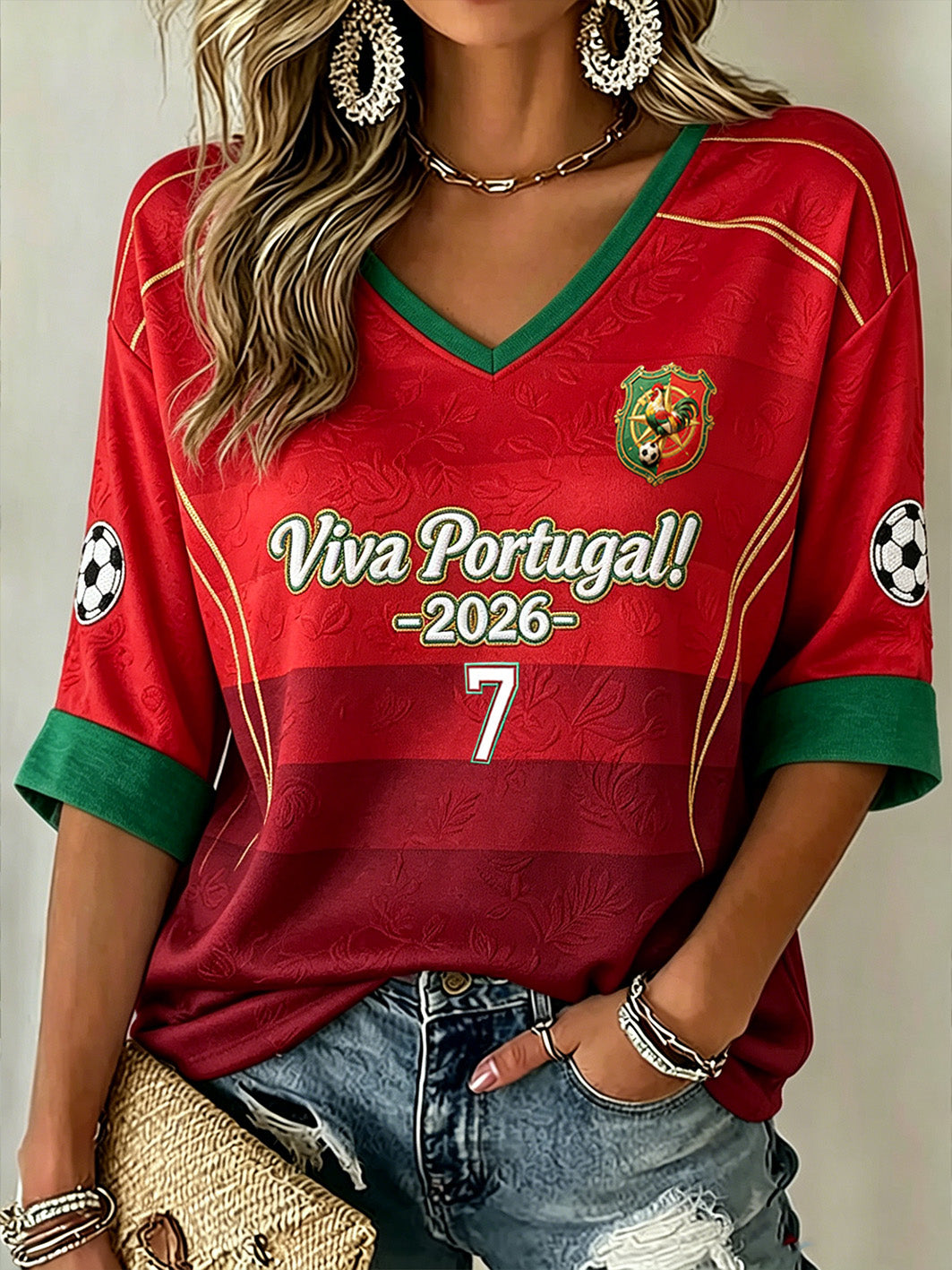 Camiseta Casual de Futebol Feminino com Design em Color-Blocking, Manga Média e Gola em V