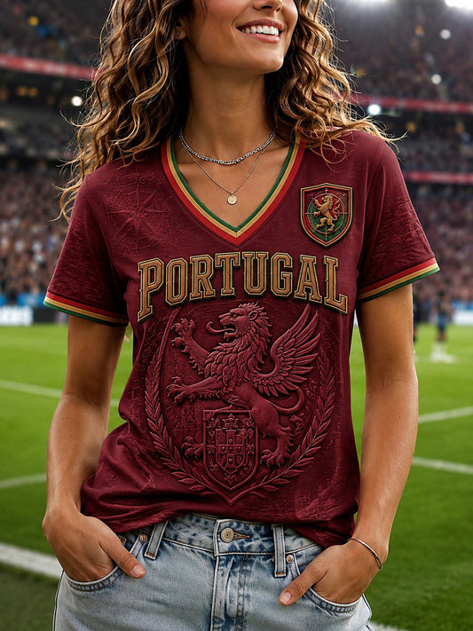 Camiseta feminina de futebol de Portugal com estampa e gola em V