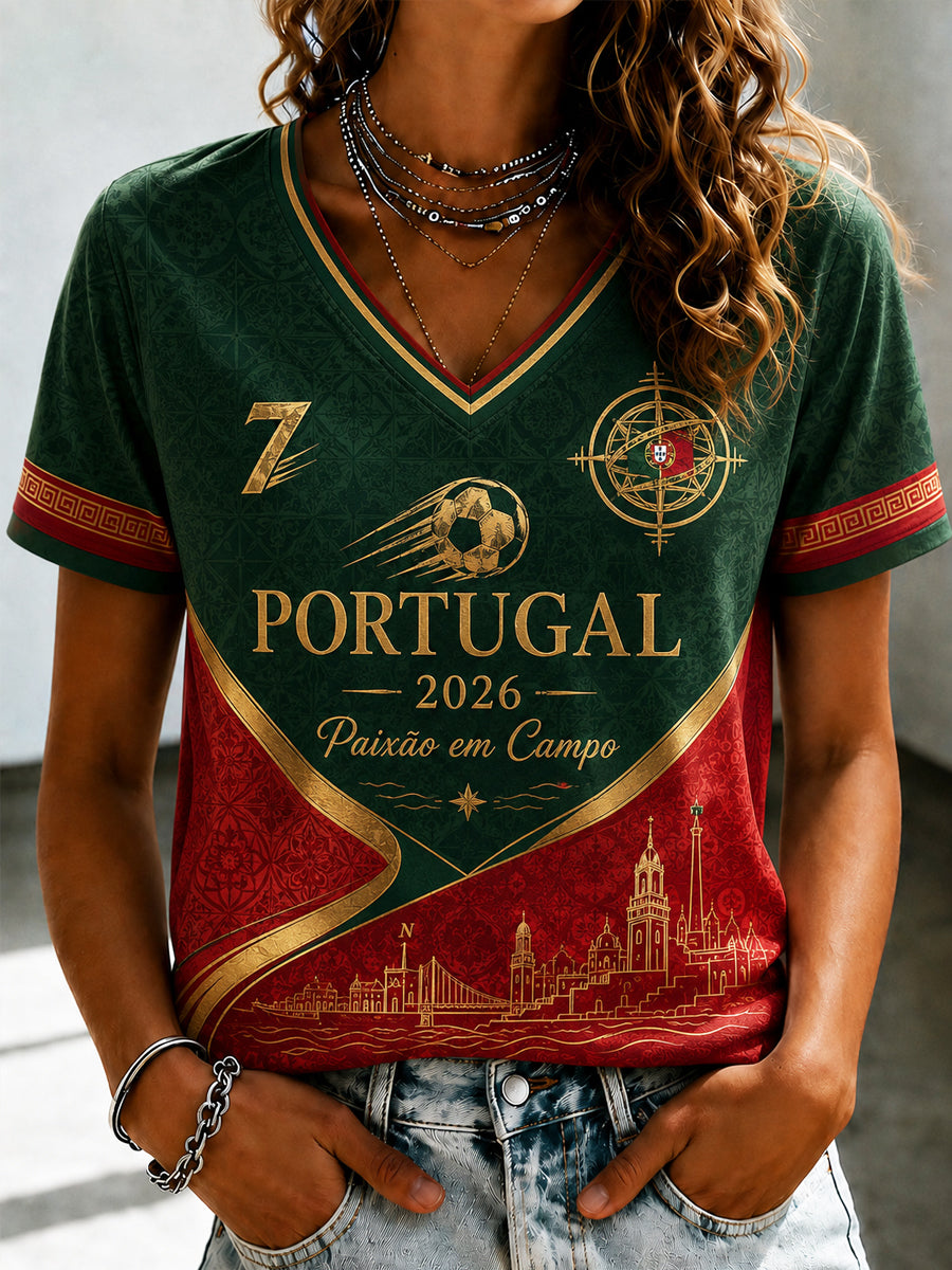 Camiseta Comemorativa com Decote V Mulheres 2026 Portugal Futebol