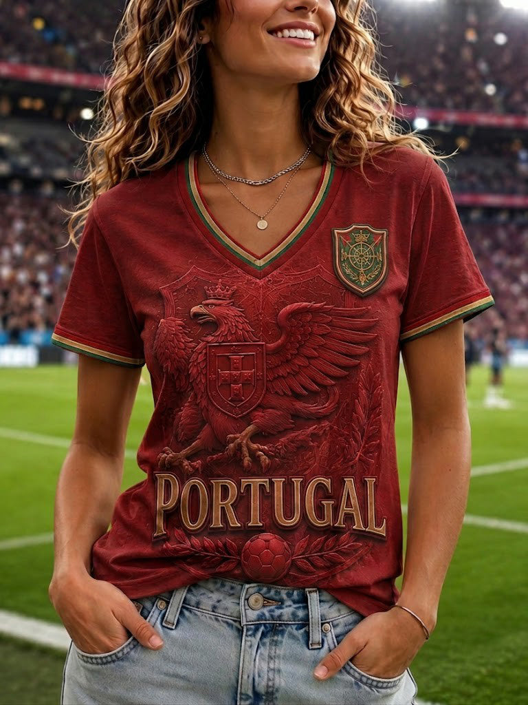 Camiseta feminina de futebol de Portugal com estampa e gola em V