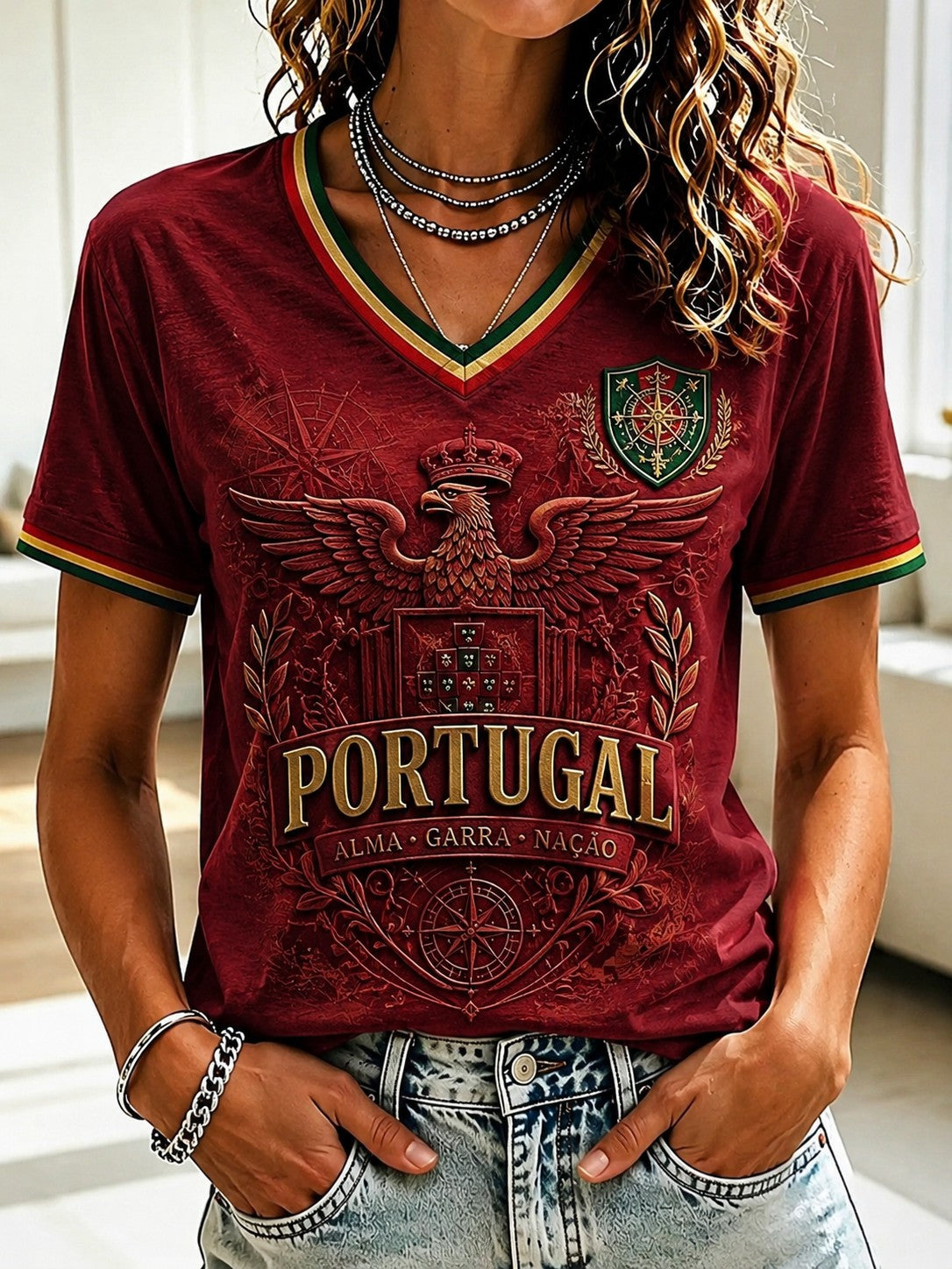 Camiseta feminina de futebol de Portugal com estampa e gola em V