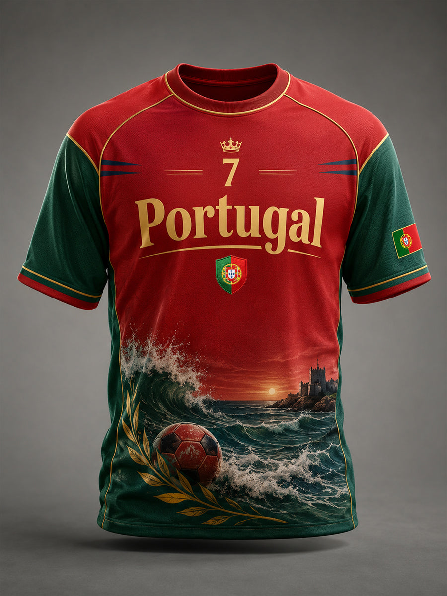 Camiseta com estampa artística de apoio à seleção portuguesa de futebol masculino