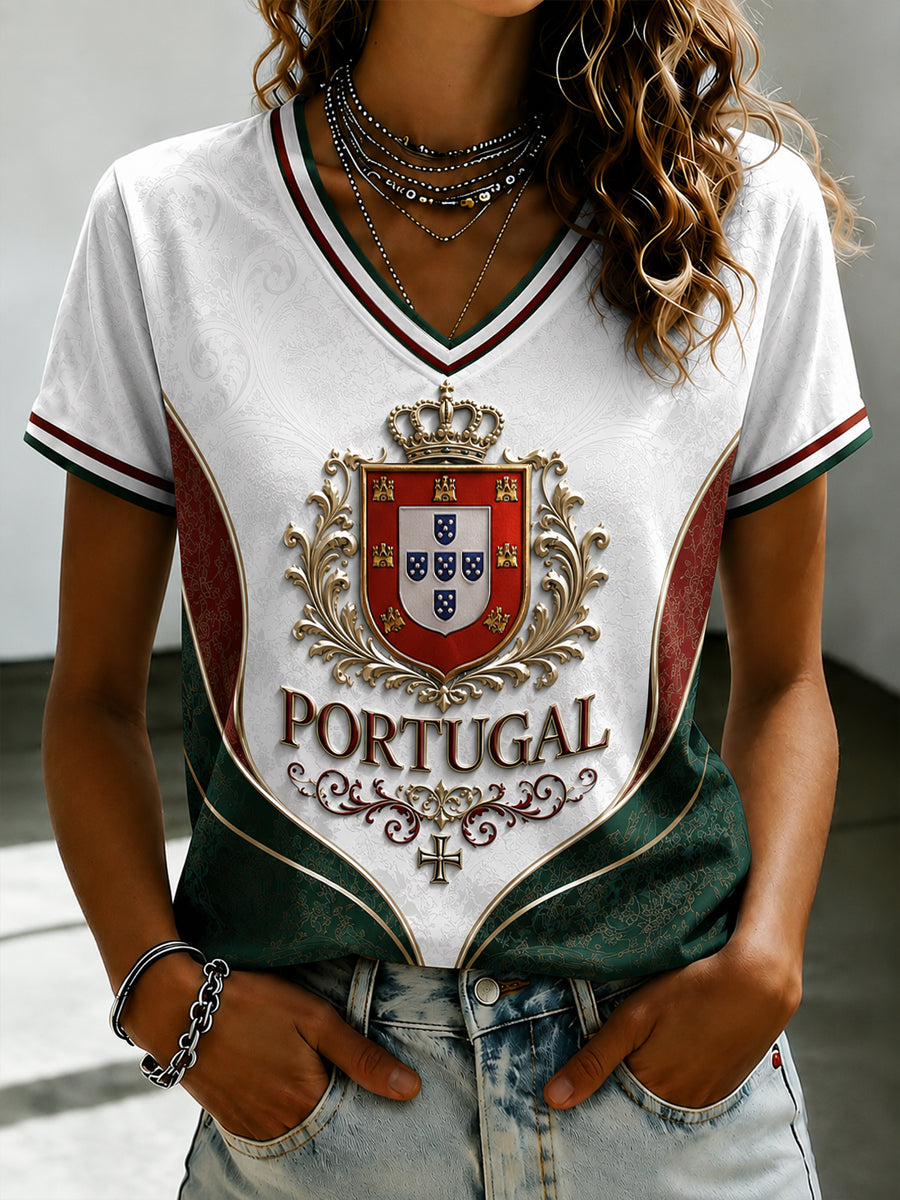 Camiseta feminina de futebol português com estampa e gola em V