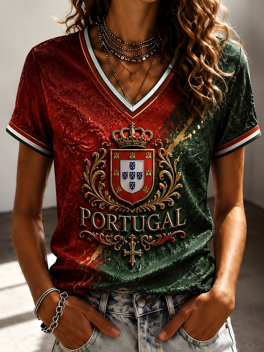 Camiseta feminina de futebol português com estampa e gola em V