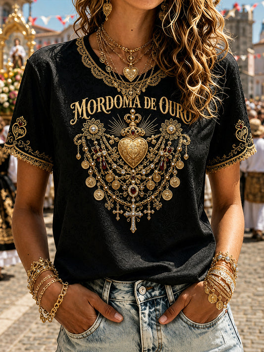 Camiseta estampada em linho com arte das Festas d’Agonia, Portugal, feminina