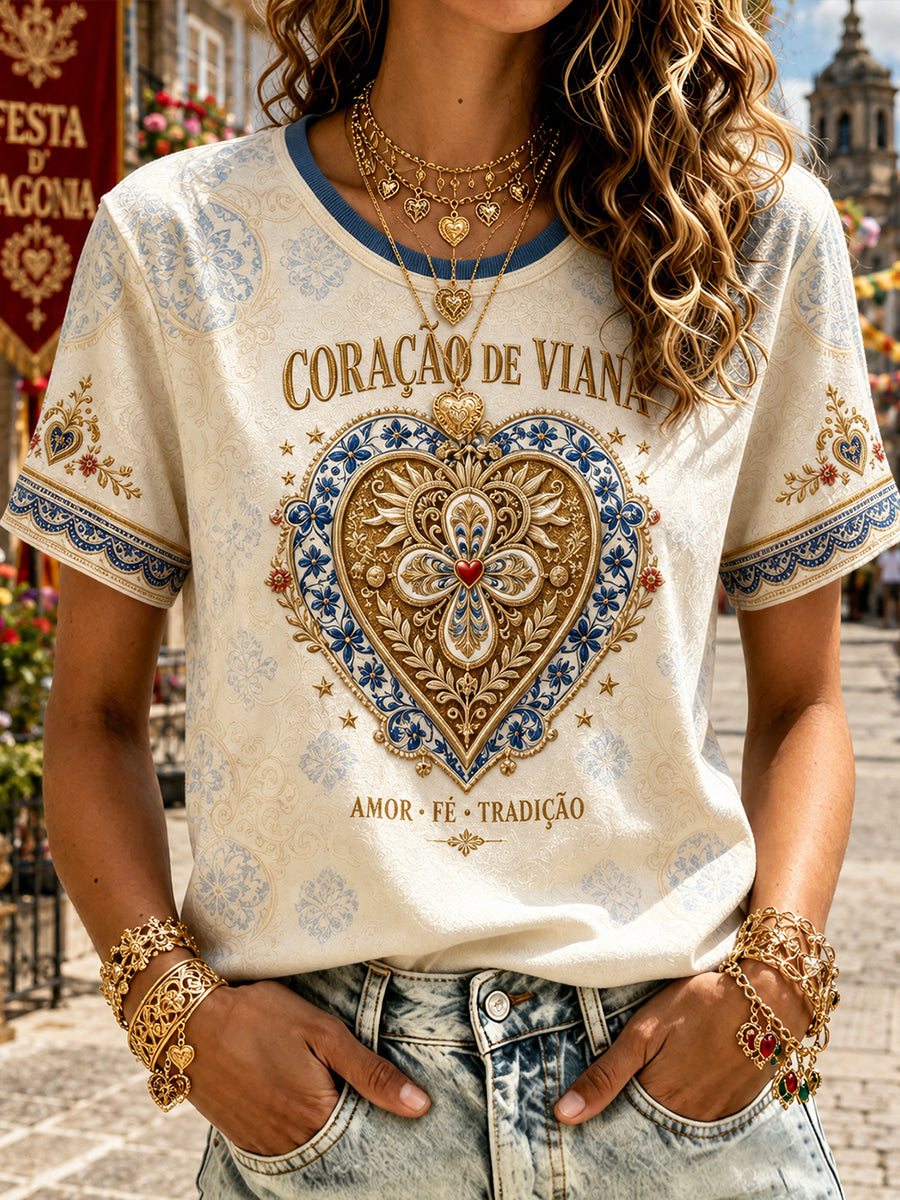 Camiseta estampada em linho com arte das Festas d’Agonia, Portugal, feminina