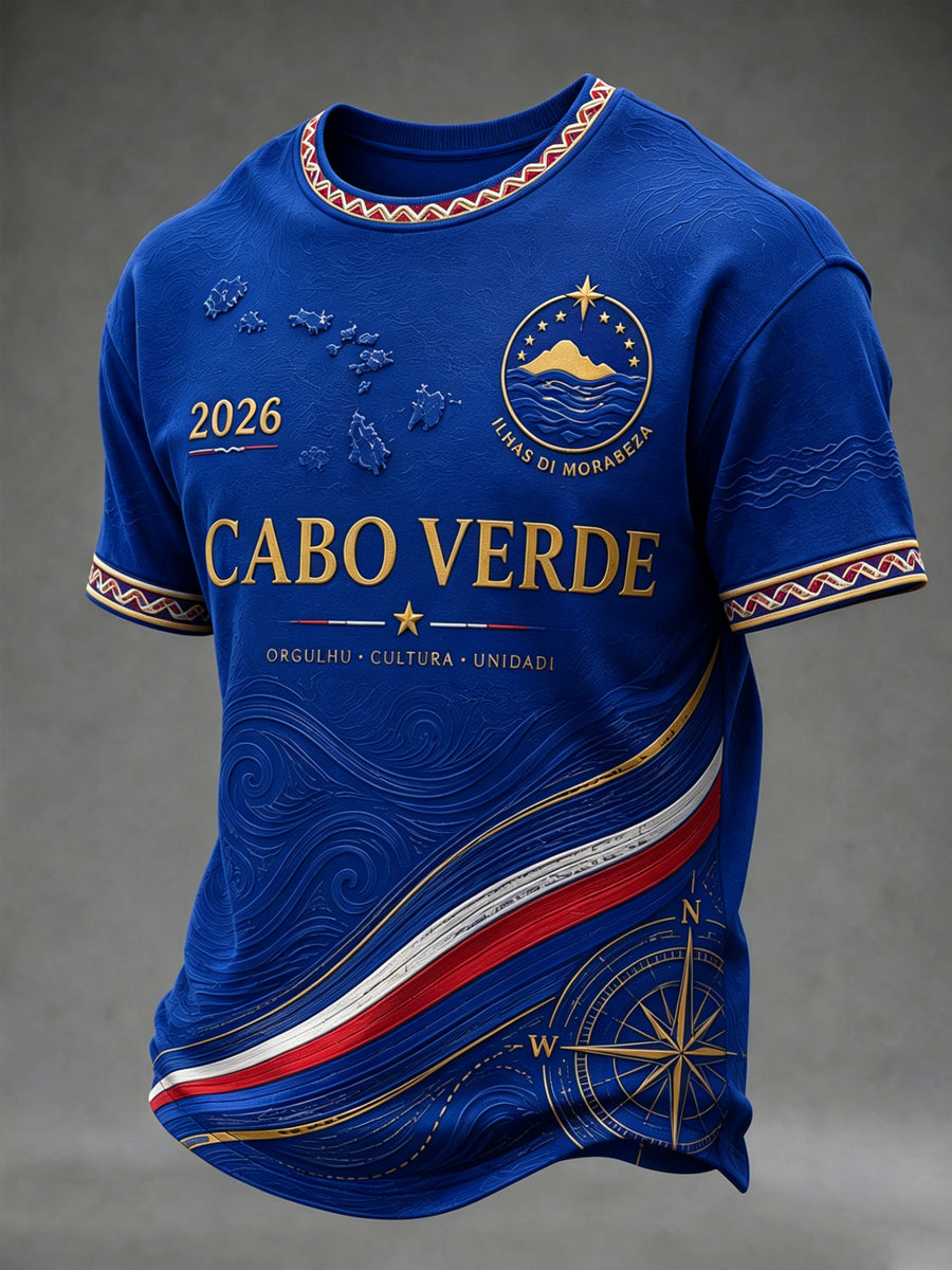 Camiseta casual estampada de torcedor de futebol cabo-verdiano para homens