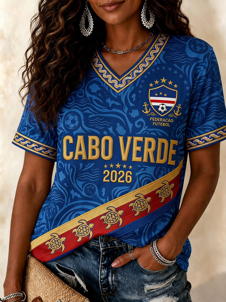 Camiseta casual estampada de fã de futebol cabo-verdiano para mulheres