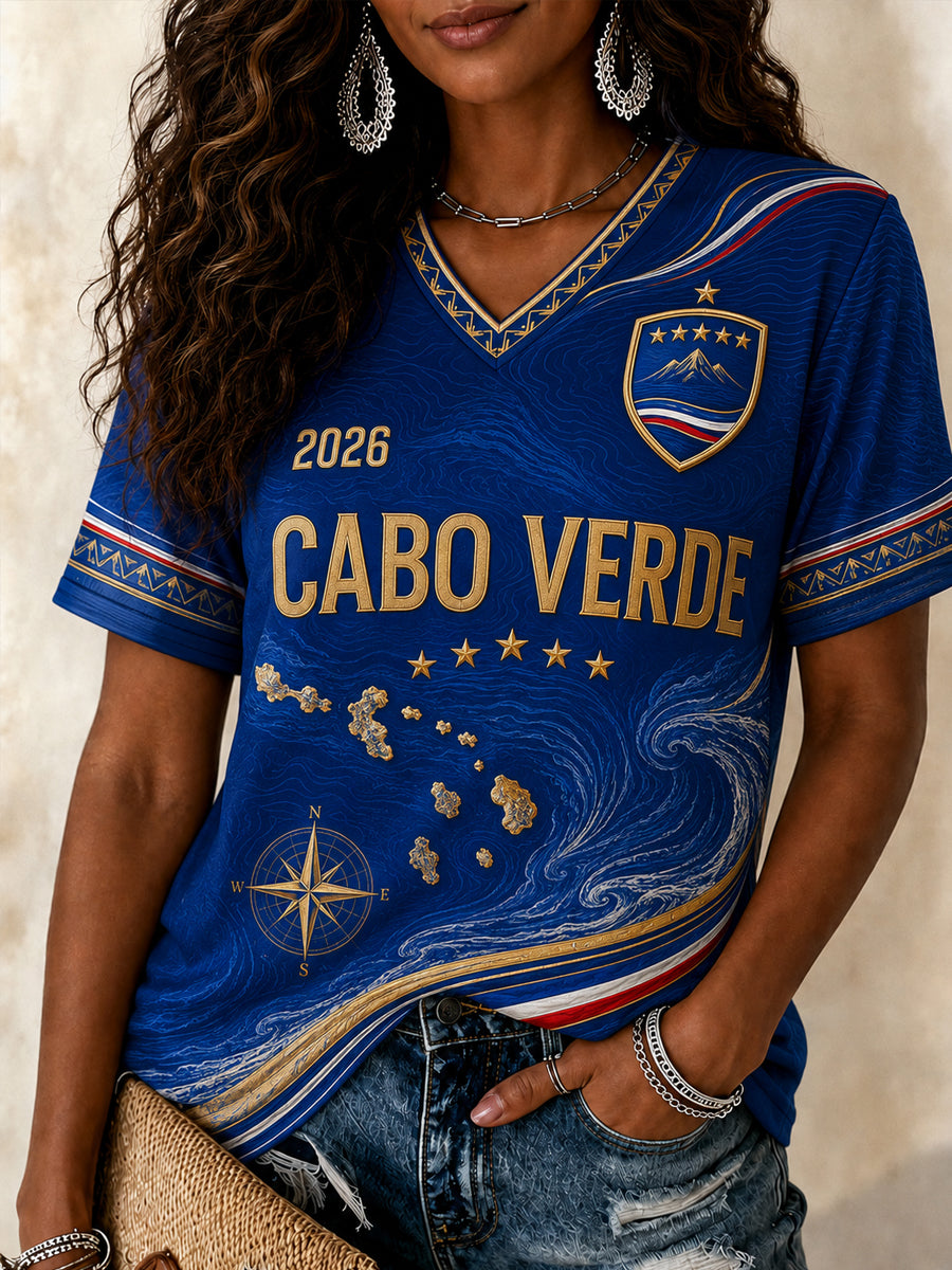Camiseta casual estampada de fã de futebol cabo-verdiano para mulheres