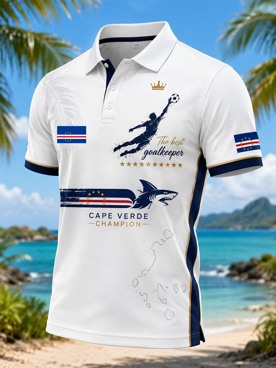 Camisa polo com estampa artística de elemento de torcida para jogos de futebol de Cabo Verde, masculina