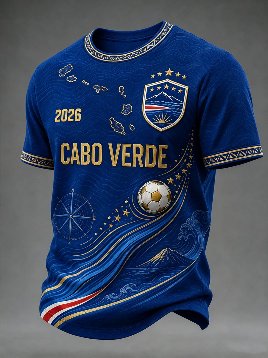 Camiseta casual estampada de torcedor de futebol cabo-verdiano para homens