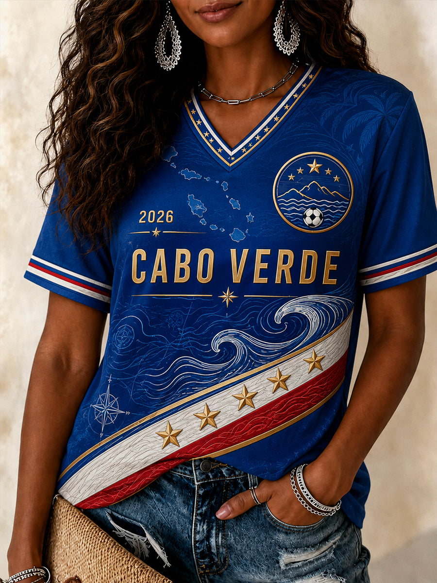 Camiseta casual estampada de fã de futebol cabo-verdiano para mulheres