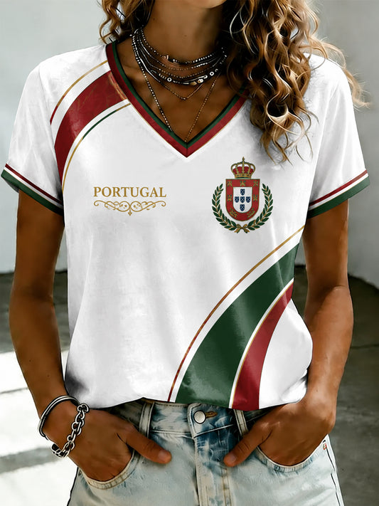 Camiseta feminina de futebol português com estampa e gola em V