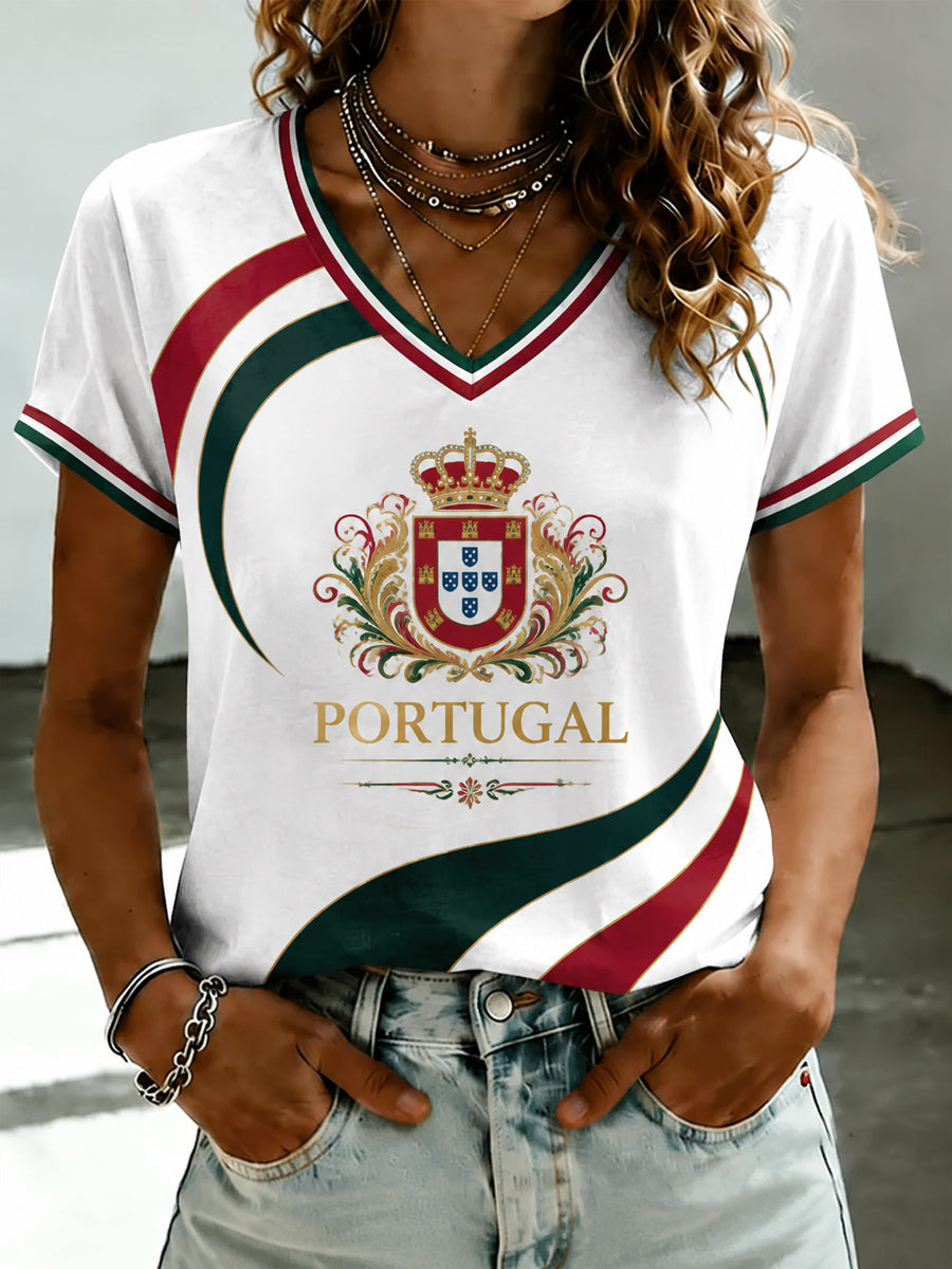 Camiseta feminina de futebol português com estampa e gola em V