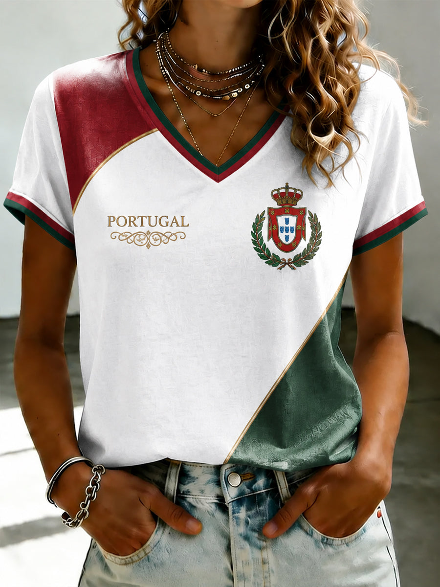 Camiseta feminina de futebol português com estampa e gola em V