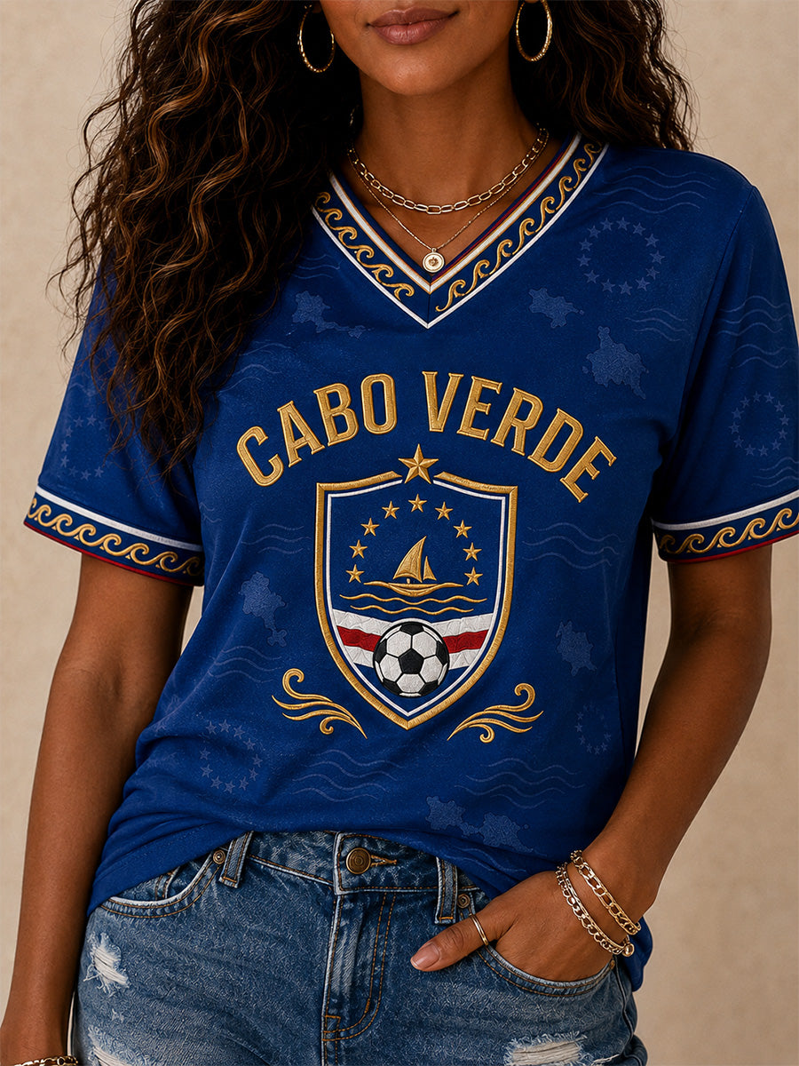 Camiseta Casual com Gola em V e Estampa para Mulheres, Presente Ideal para Fãs de Futebol