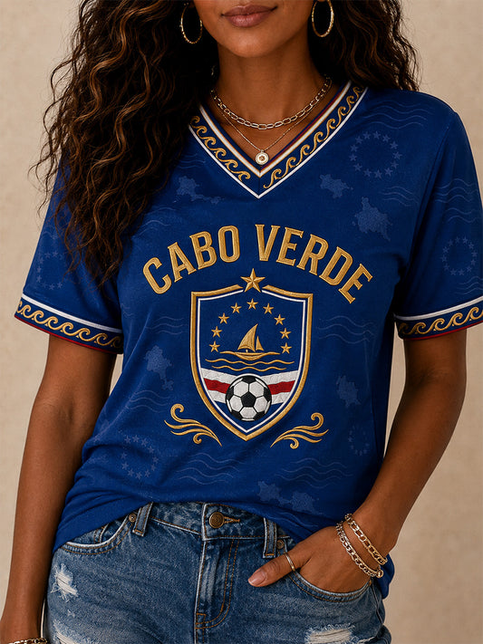 Camiseta Casual com Gola em V e Estampa para Mulheres, Presente Ideal para Fãs de Futebol