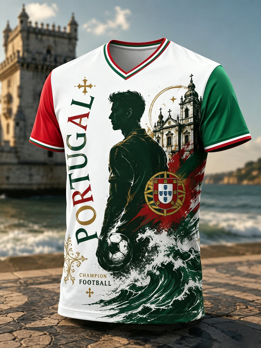 Camiseta com Impressão Artística de Apoio à Seleção Portuguesa de Futebol Masculino