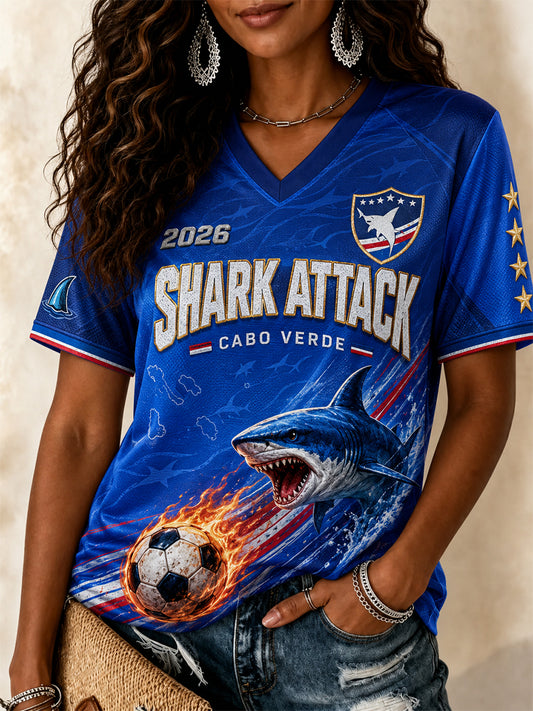 Camiseta Feminina de Futebol de Cabo Verde com Gola em V