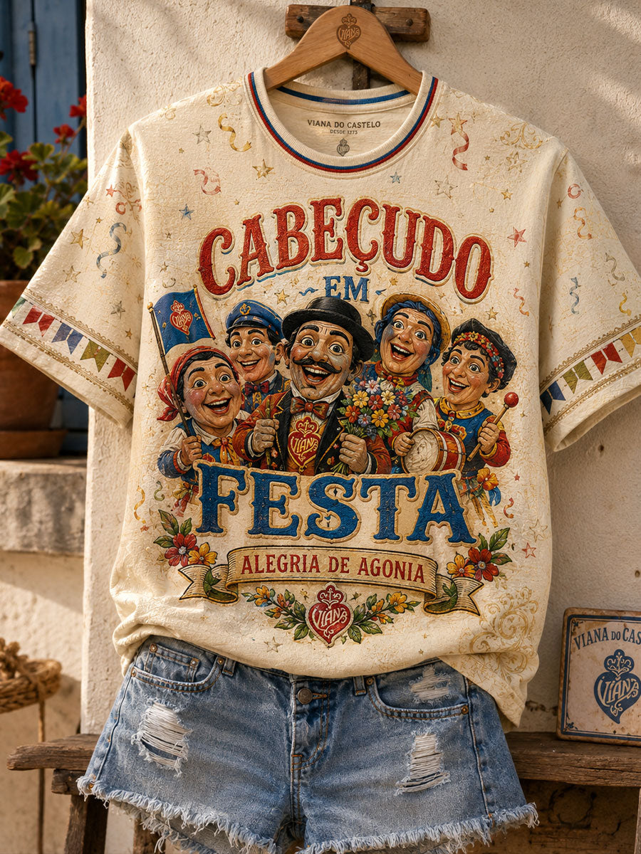 Camiseta de linho estampada com arte das Festas d’Agonia, Portugal, para mulheres