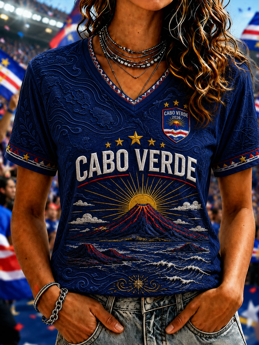 Camiseta Feminina de Manga Curta com Gola em V, Estampada e Casual, Ideal como Presente para Fãs de Futebol