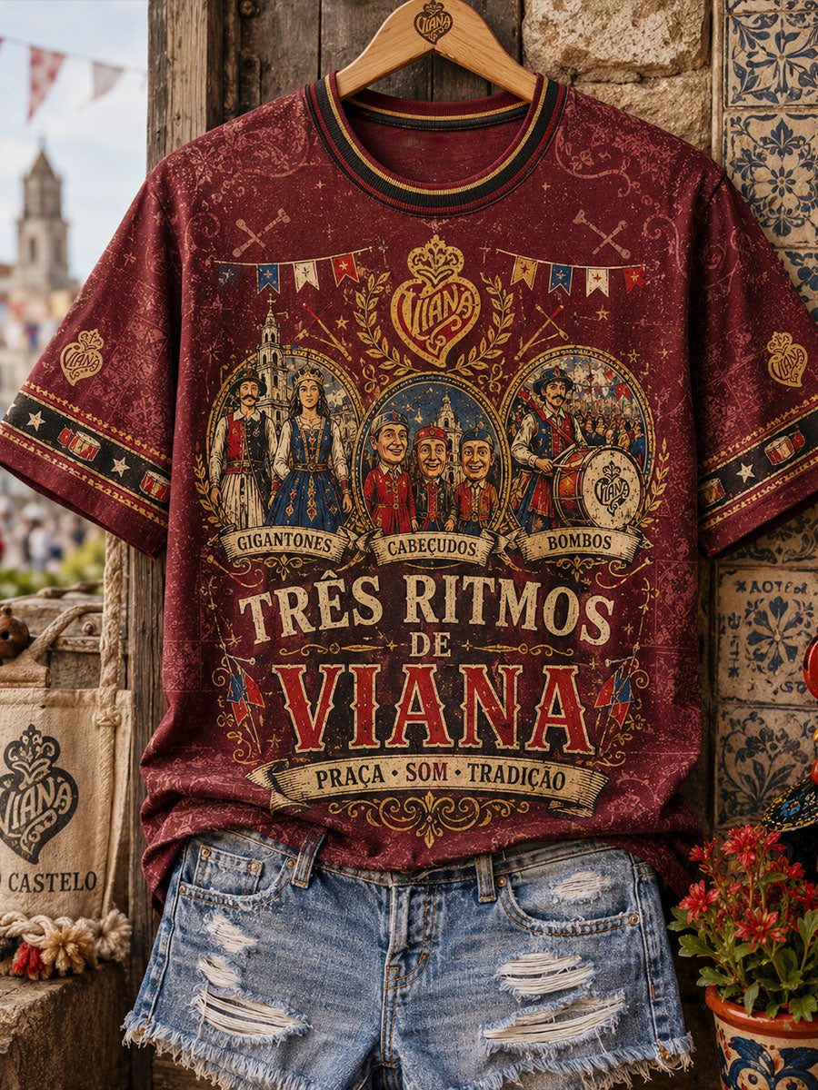 Camiseta de linho estampada com arte das Festas d’Agonia, Portugal, para mulheres