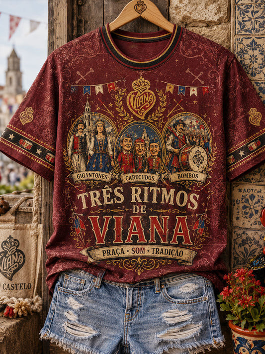 Camiseta de linho estampada com arte das Festas d’Agonia, Portugal, para mulheres