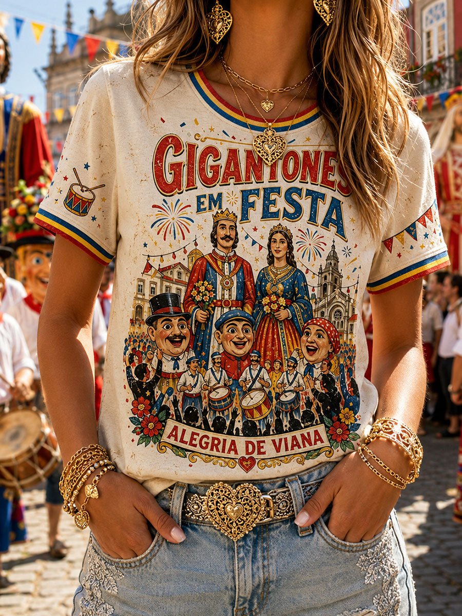 Camiseta de linho estampada com arte das Festas d’Agonia, Portugal, para mulheres