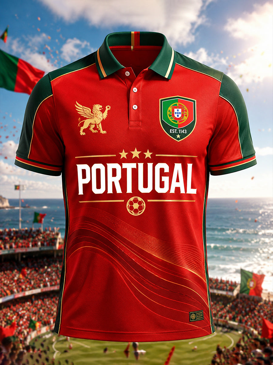 Camisa polo com estampa artística de elemento de torcida em partida de futebol masculino em Portugal