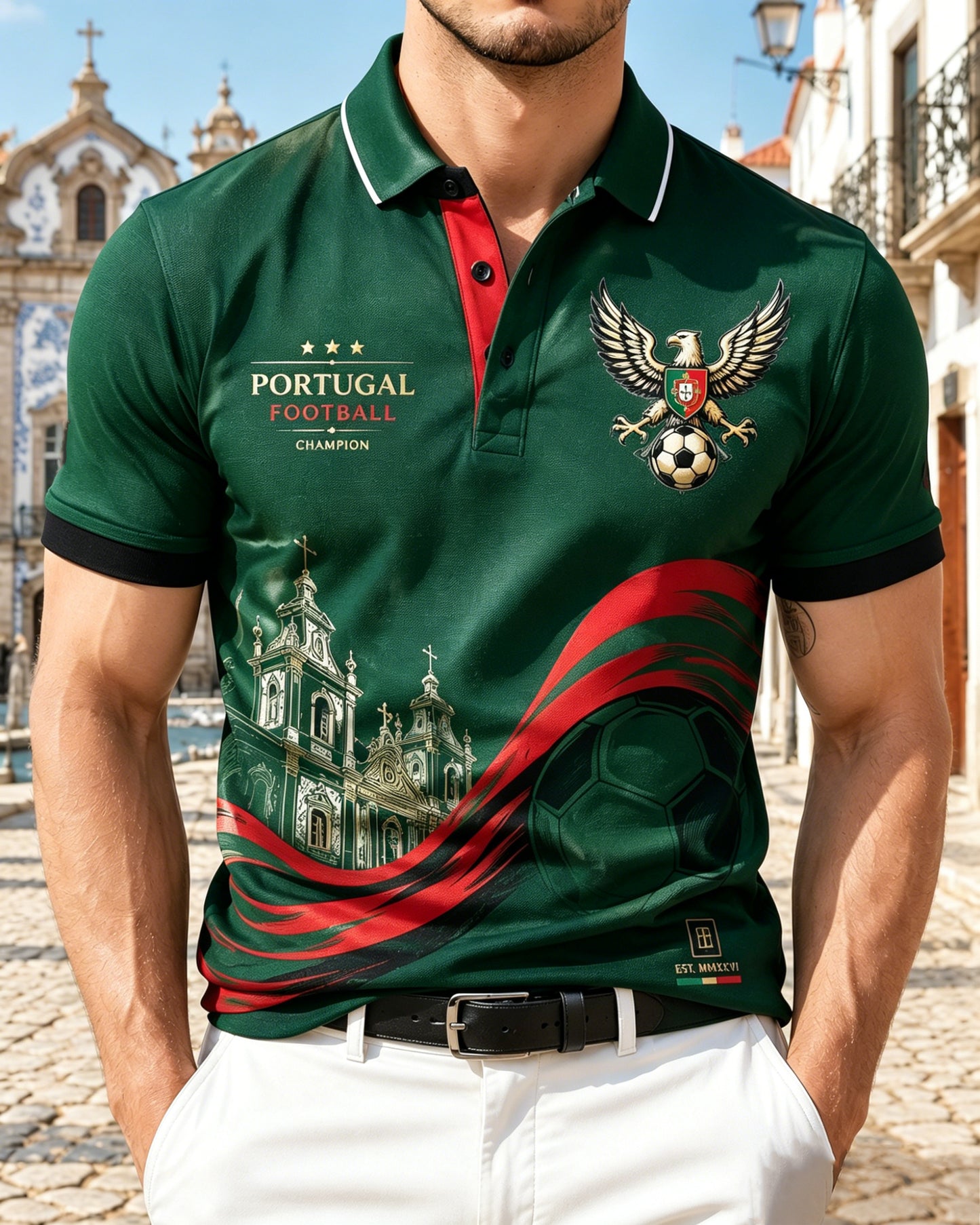 Camisa polo com estampa artística de elemento de torcida em partida de futebol masculino em Portugal