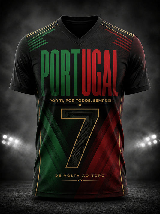 Camiseta masculina com estampa da lenda do futebol português, gola em V