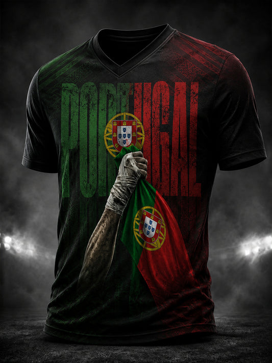 Camiseta masculina com estampa da lenda do futebol português, gola em V