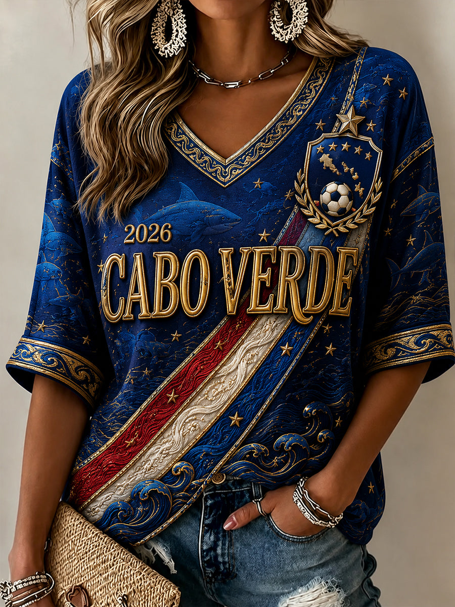 Camisa de linho com gola em V e estampa de futebol de Cabo Verde para mulheres