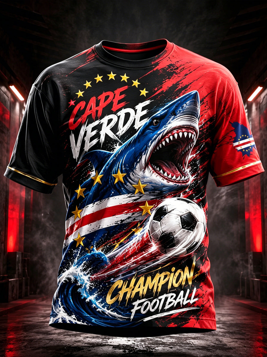 Camiseta com estampa artística de torcida para jogos de futebol de Cabo Verde, masculina