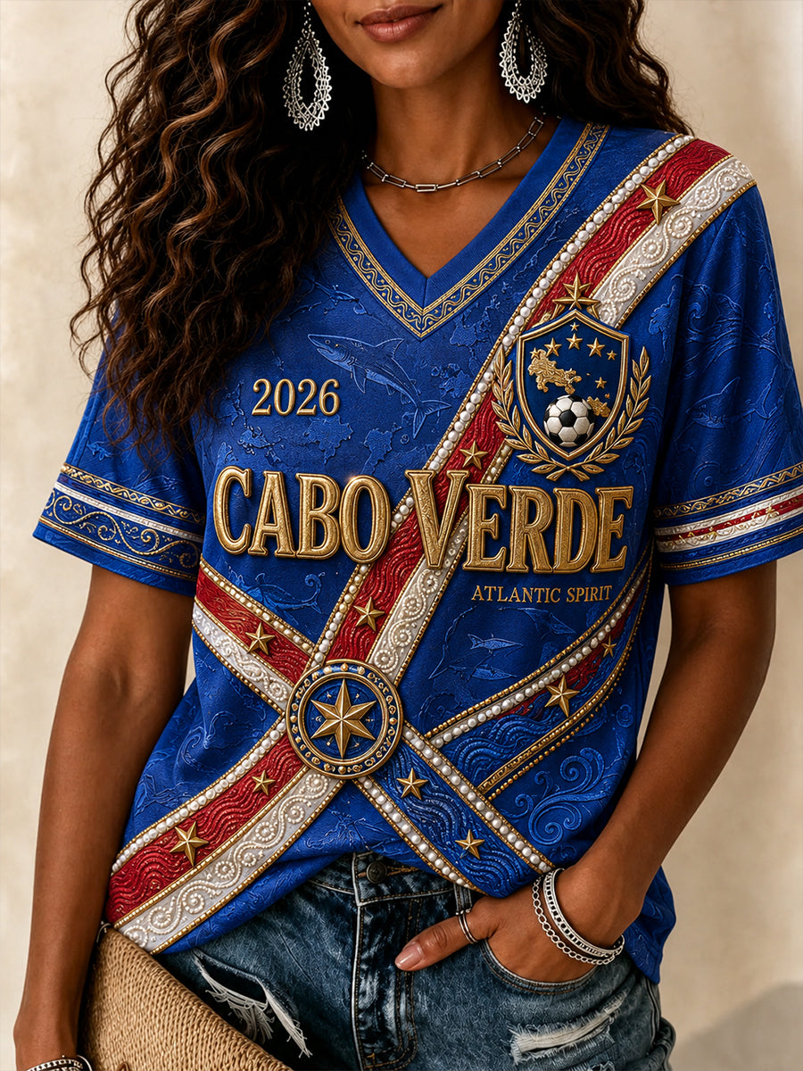 Camiseta Feminina de Futebol de Cabo Verde com Gola em V