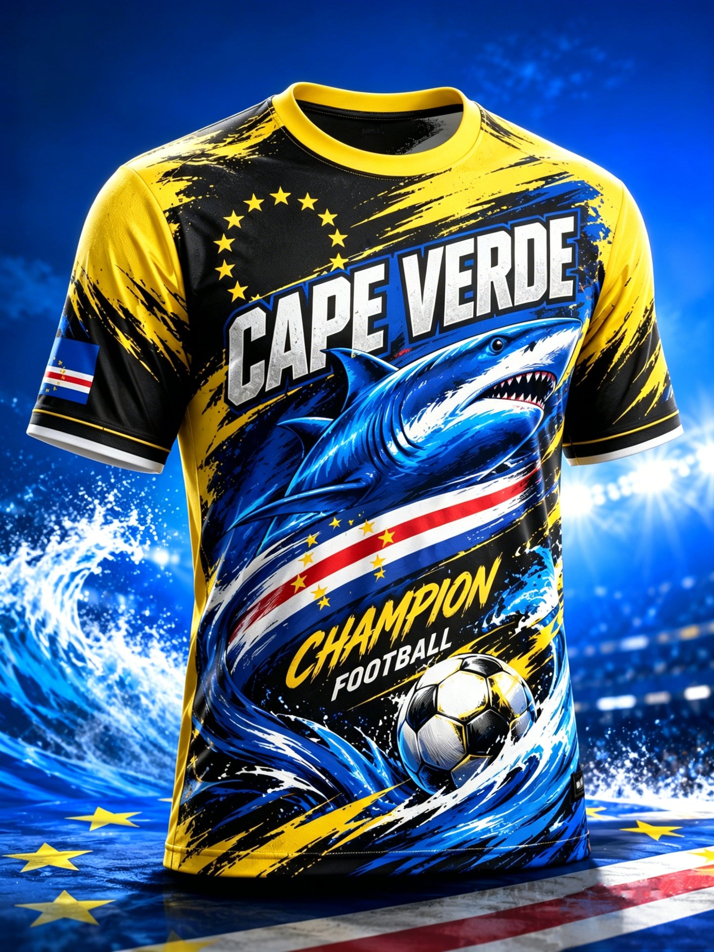 Camiseta com estampa artística de torcida para jogos de futebol de Cabo Verde, masculina