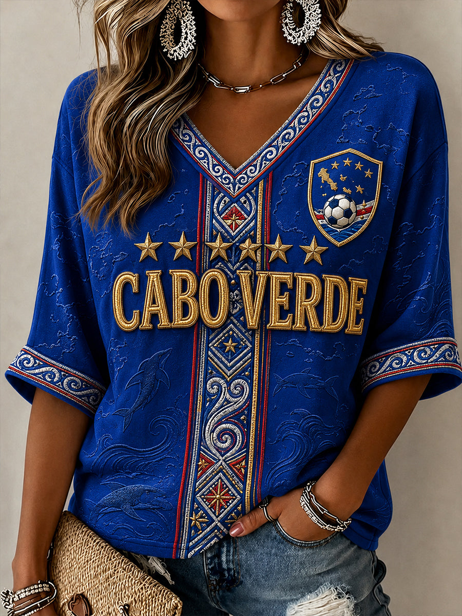 Camisa de linho com gola em V e estampa de futebol de Cabo Verde para mulheres