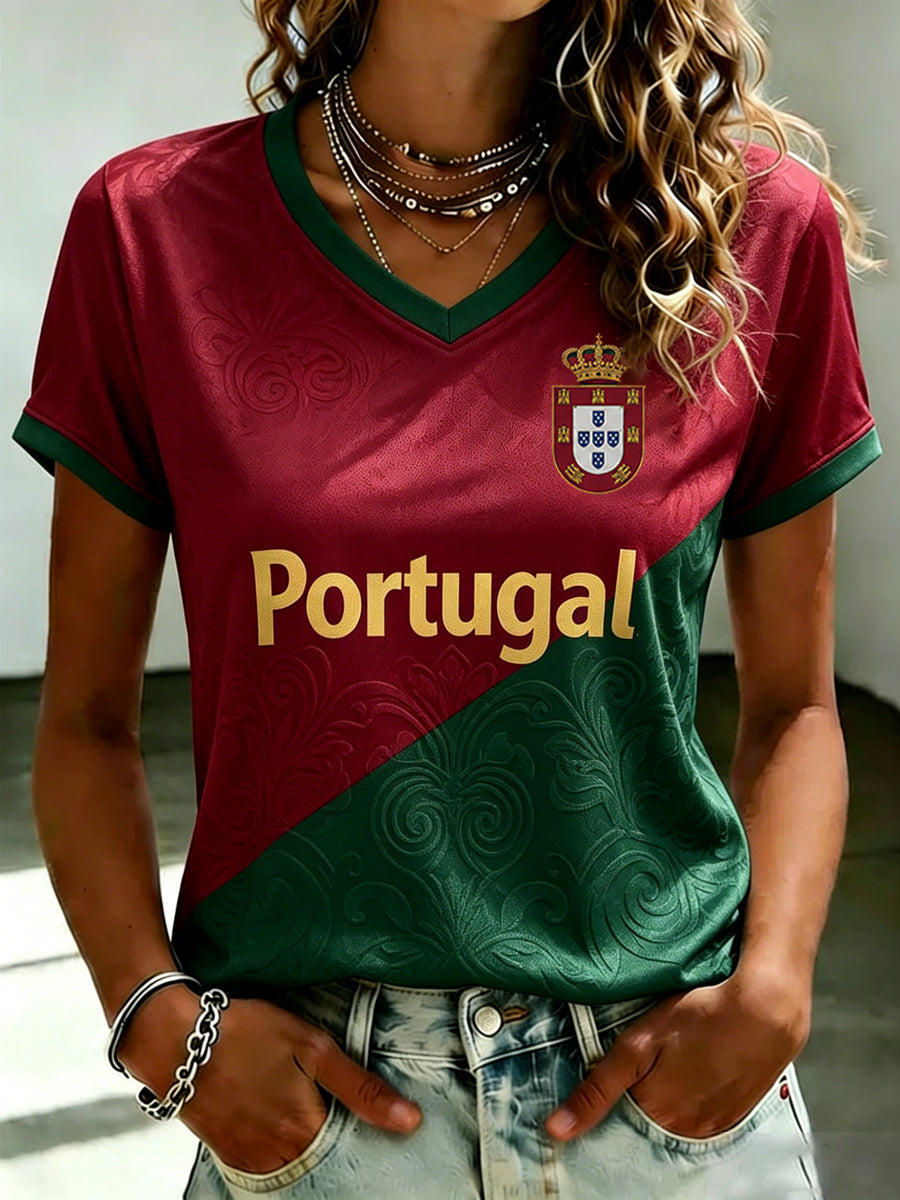 Camiseta feminina de futebol português com estampa e gola em V