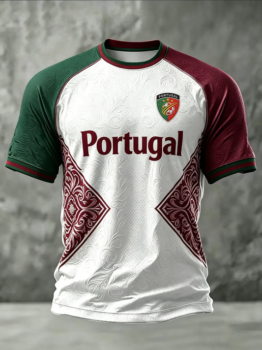 Camiseta masculina casual de manga curta com estampa de futebol português