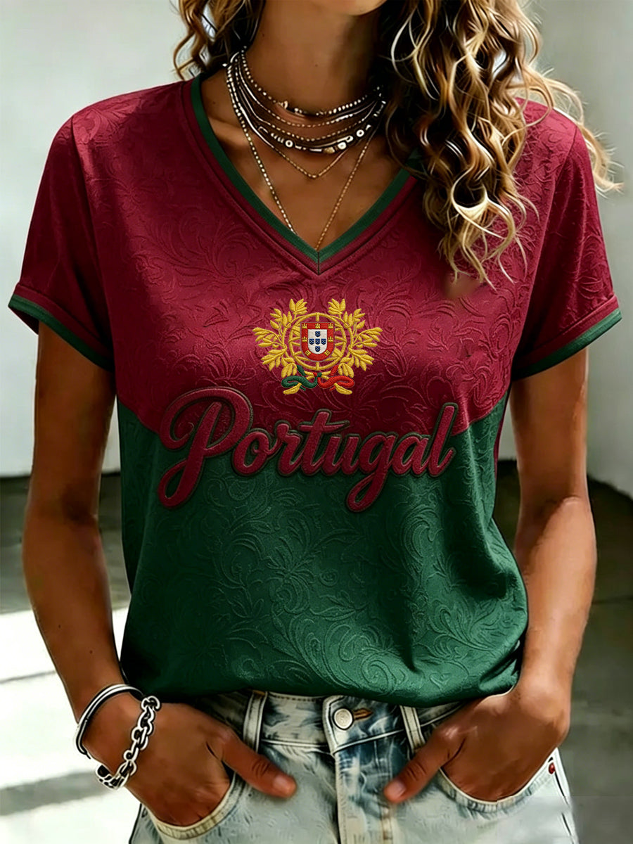 T-shirt Impressa Futebol Português Feminino Decote V